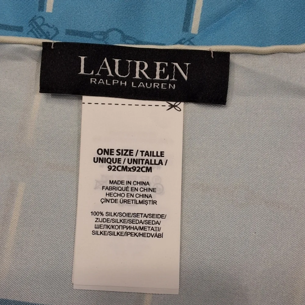 LRL Ralph Lauren~Black Label Women's Silk Crest Scarf~Light Blue~Quiet Luxury